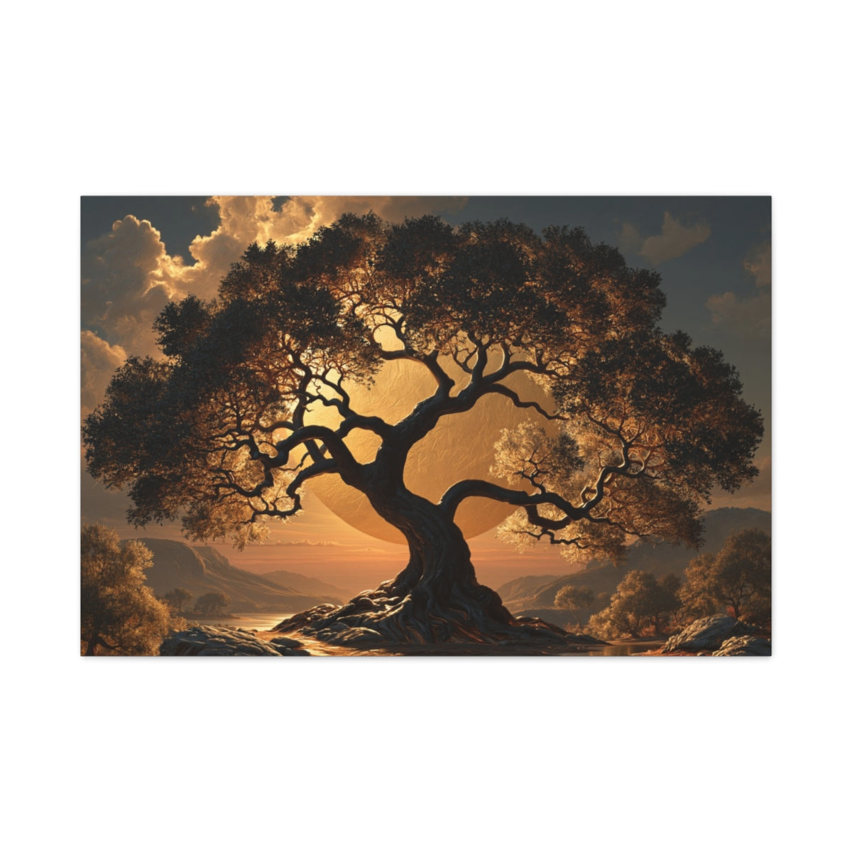 Tableau Arbre de Vie Noir et Or, un arbre noir dressé devant une lumière dorée dans un paysage dramatique, format XL - Art Virtuoso