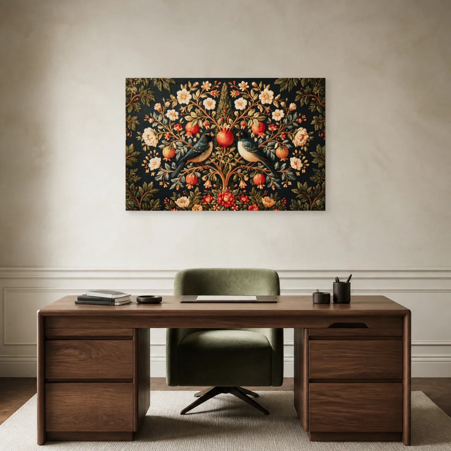 Tableau Arbre de Vie Persan aux Oiseaux présenté dans un bureau - Art Virtuoso