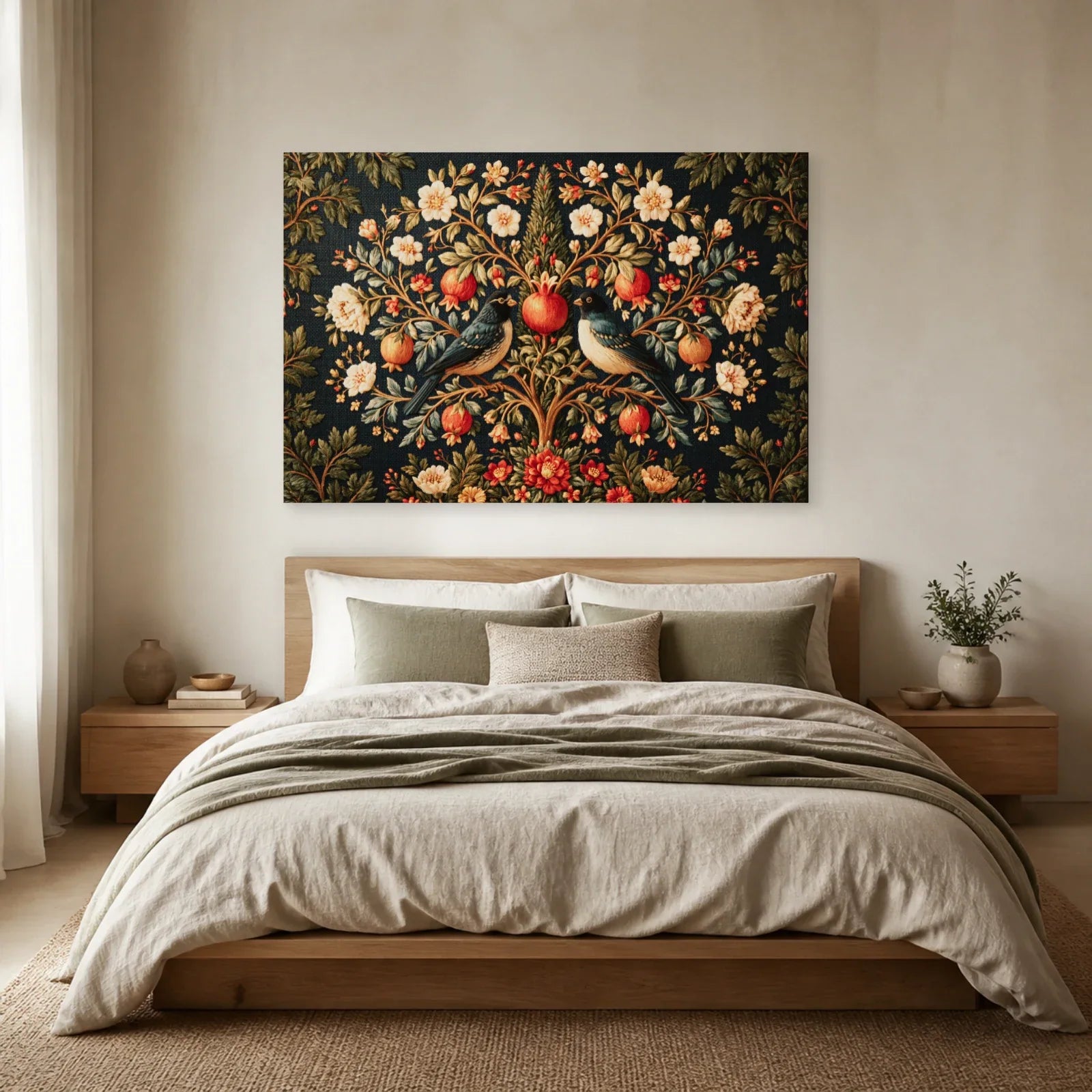 Tableau Arbre de Vie Persan aux Oiseaux présenté dans une chambre - Art Virtuoso
