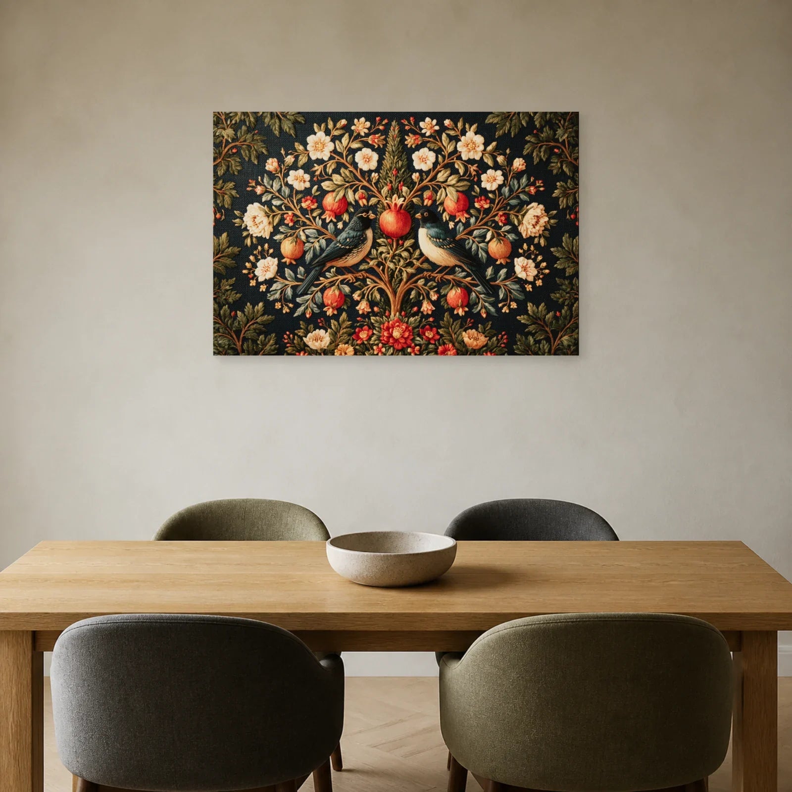 Tableau Arbre de Vie Persan aux Oiseaux présenté dans une salle à manger - Art Virtuoso