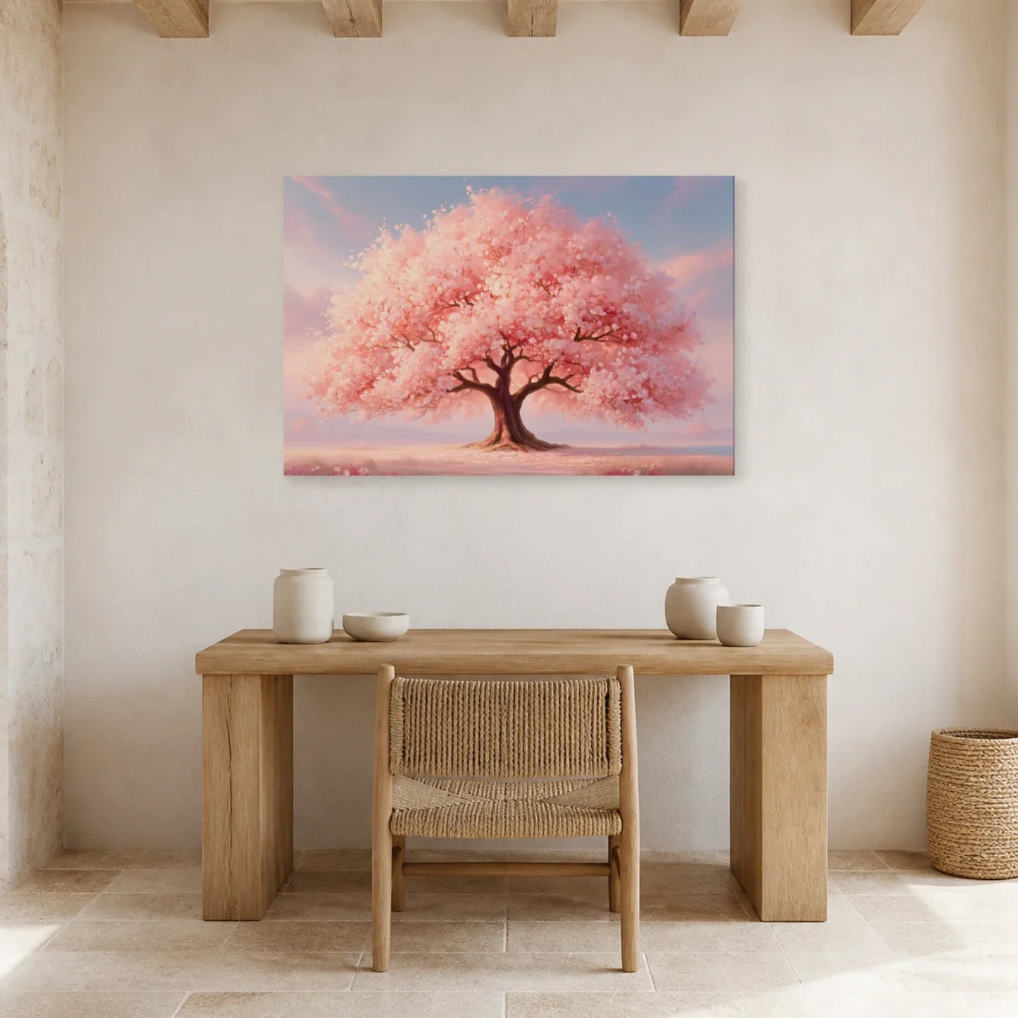 Tableau Arbre de Vie Rose présenté dans un bureau - Art Virtuoso