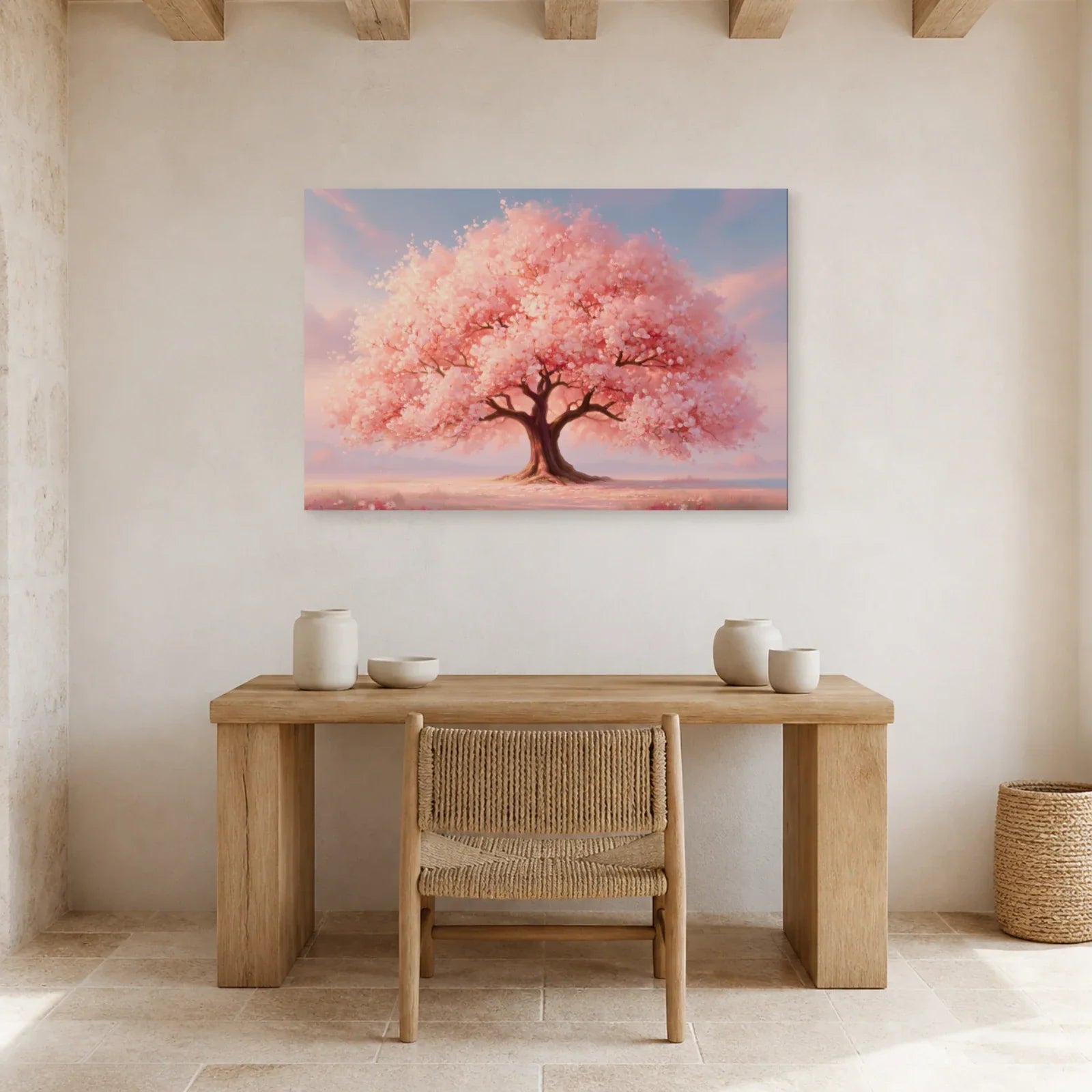 Tableau Arbre de Vie Rose présenté dans un bureau - Art Virtuoso