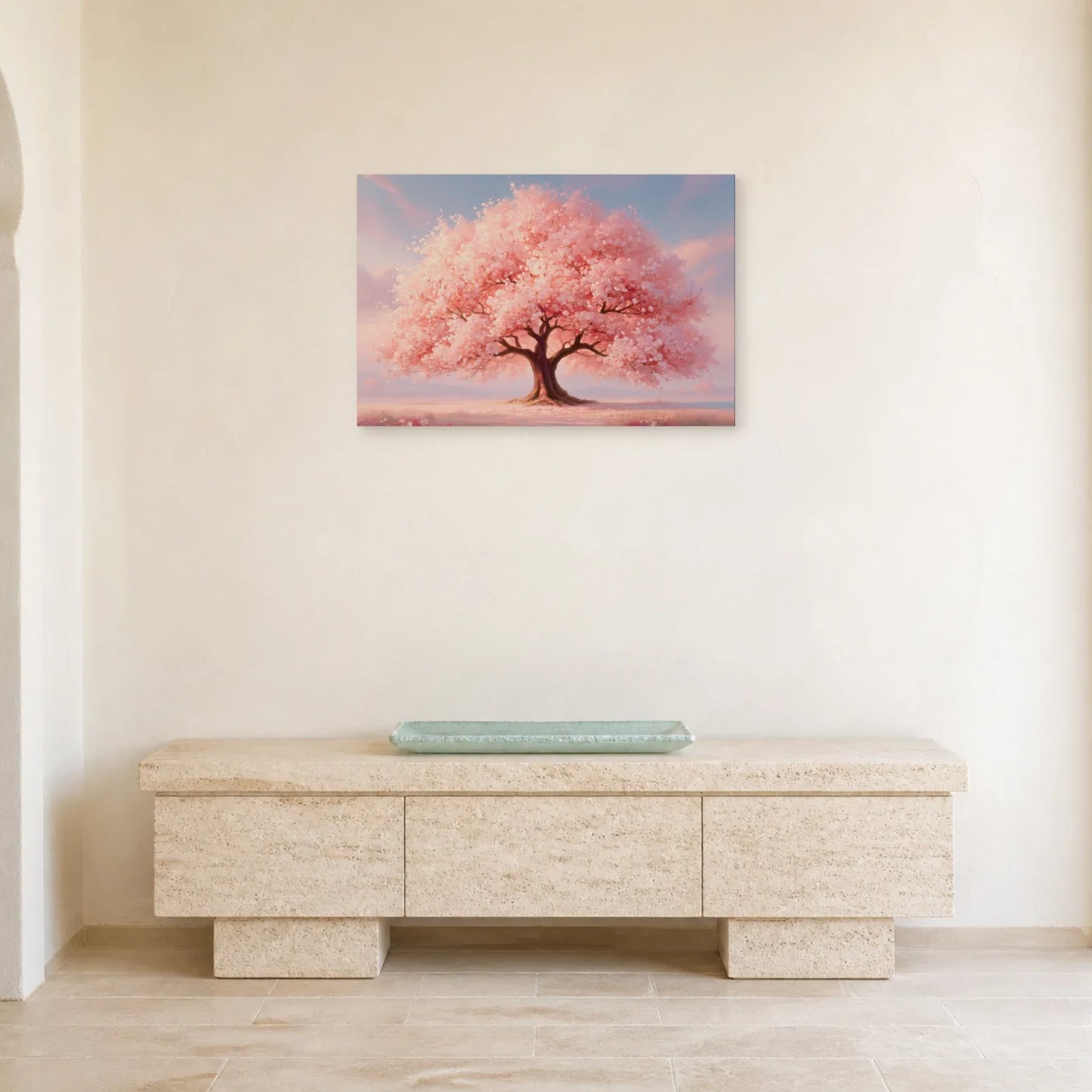 Tableau Arbre de Vie Rose présenté dans une entrée - Art Virtuoso