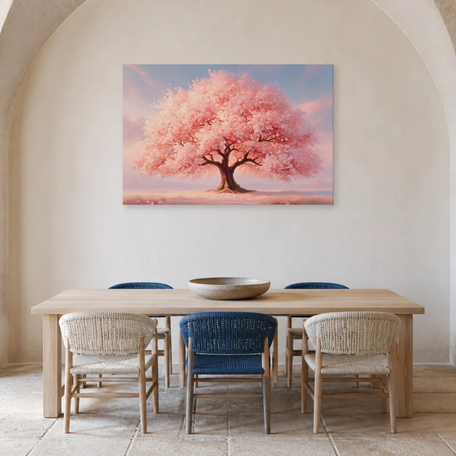 Tableau Arbre de Vie Rose présenté dans une salle à manger - Art Virtuoso