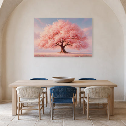 Tableau Arbre de Vie Rose présenté dans une salle à manger - Art Virtuoso