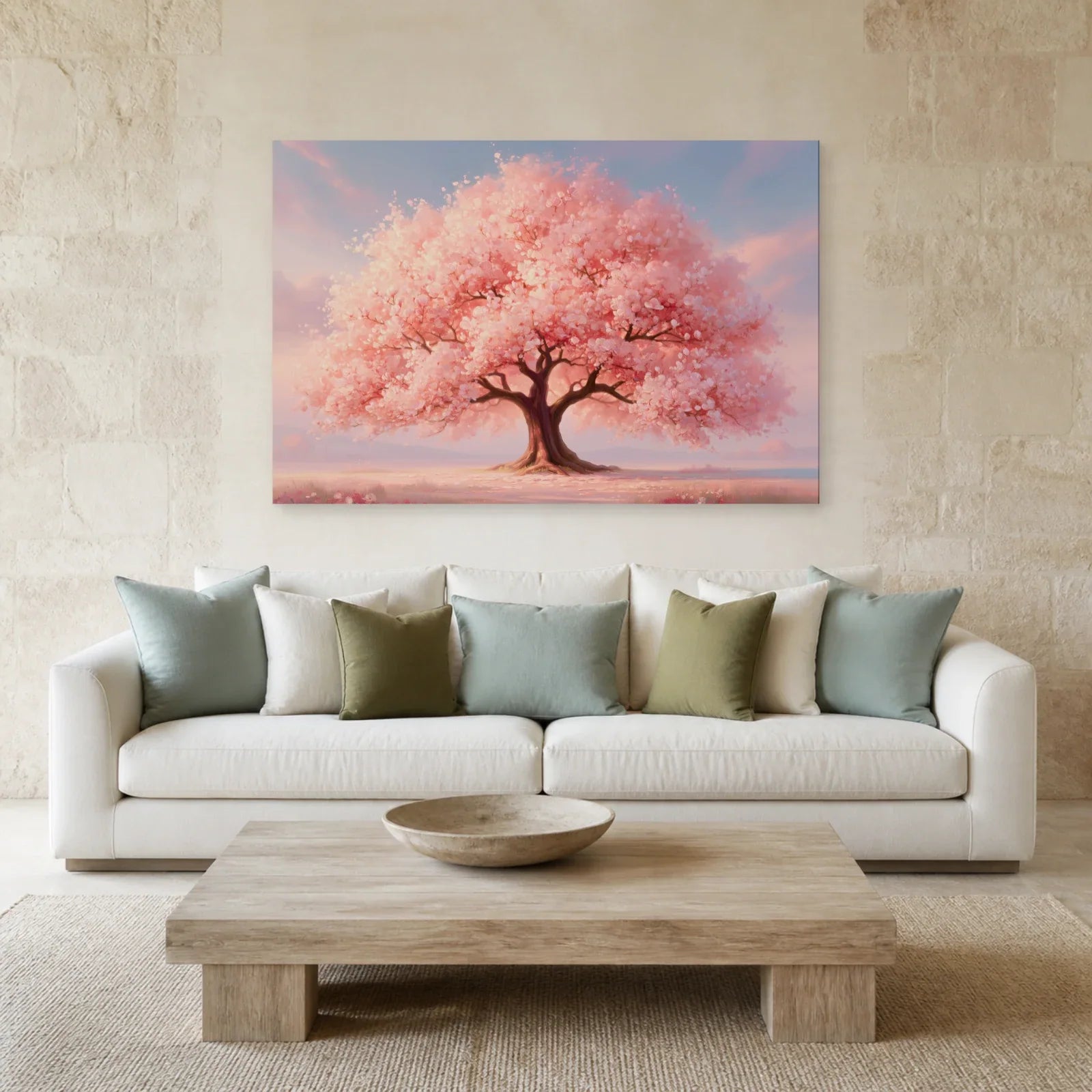 Tableau Arbre de Vie Rose présenté dans un salon - Art Virtuoso
