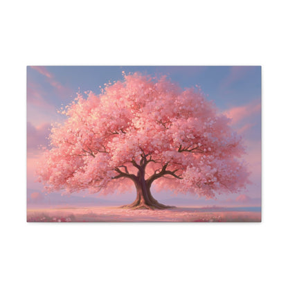 Tableau Arbre de Vie Rose, un arbre rose lumineux posé dans un paysage pastel, format M - Art Virtuoso