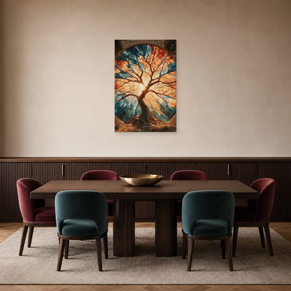 Tableau Arbre de Vie Vitrail présenté dans une salle à manger - Art Virtuoso