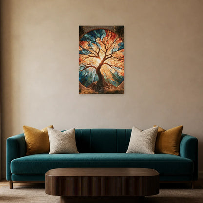 Tableau Arbre de Vie Vitrail présenté dans un salon - Art Virtuoso