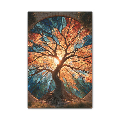 Tableau Arbre de Vie Vitrail, un arbre composé de fragments colorés traversés par une lumière chaude, format S - Art Virtuoso