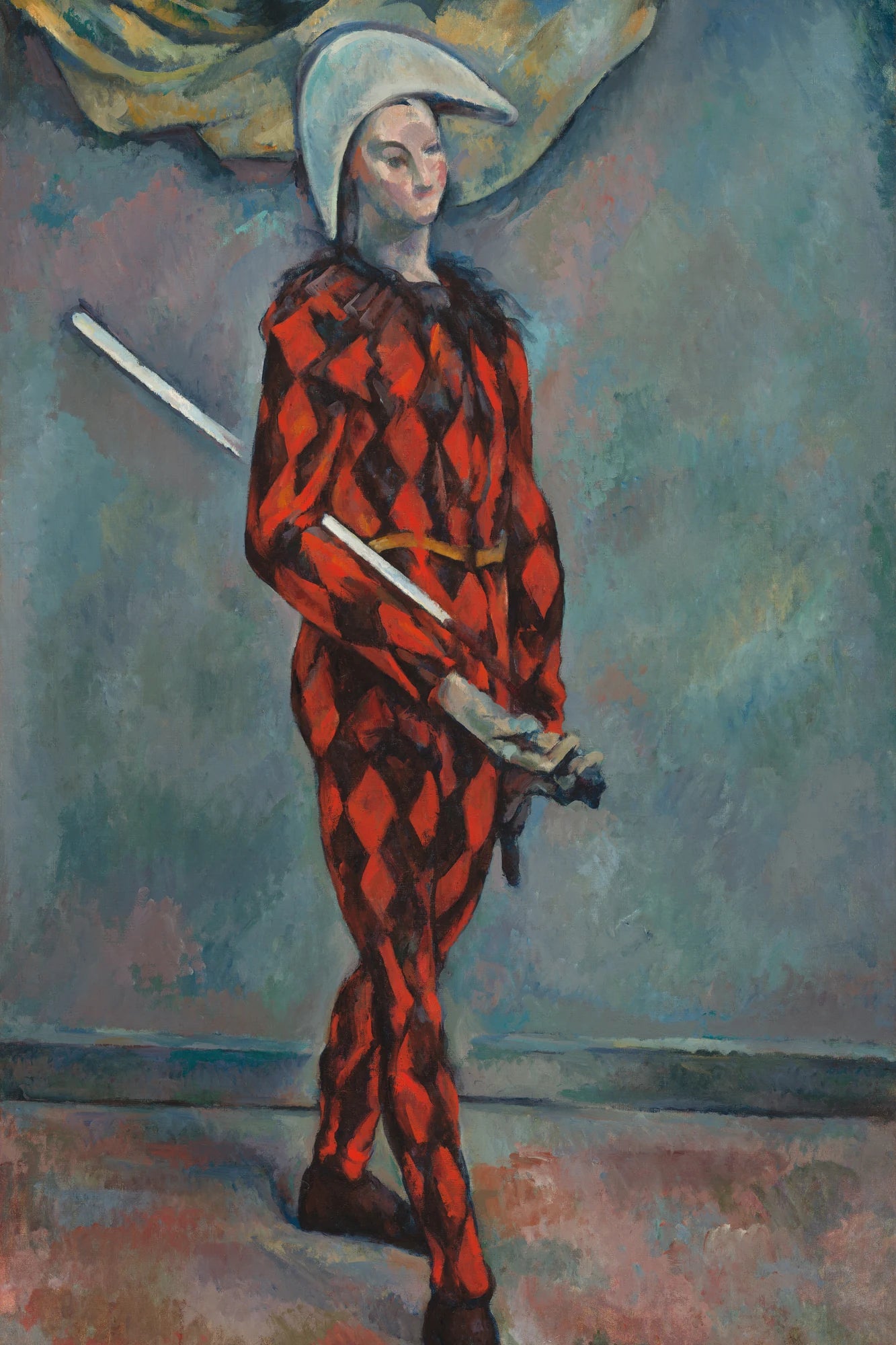 Arlequin en pied au costume de losanges vermillon – format M