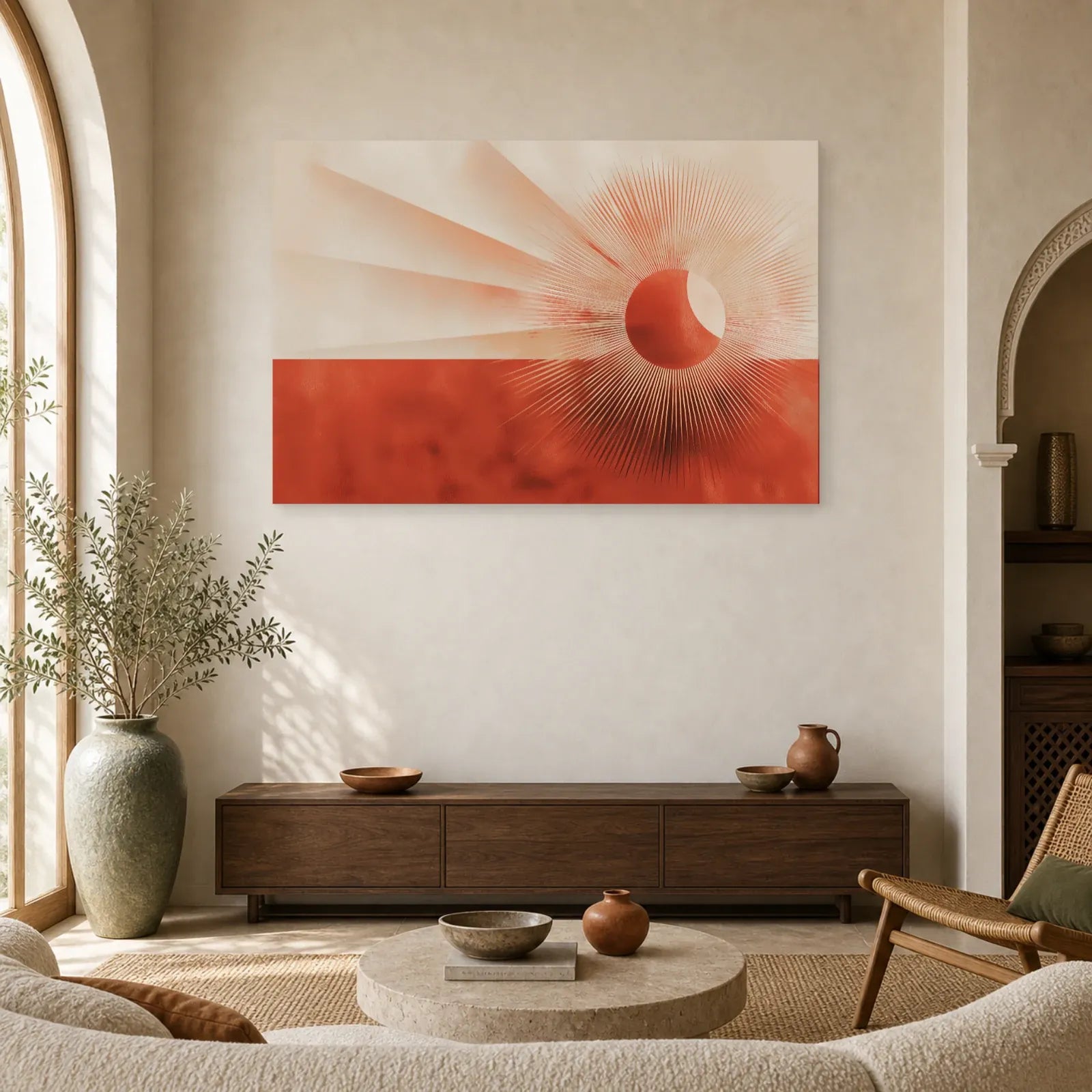 Tableau Art Deco Eventail Terracotta dans un salon - Art Virtuoso