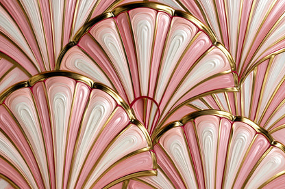 Tableau Art Déco Rose, un éventail architectural rose encadré d’arcs et de lignes symétriques, format L - Art Virtuoso