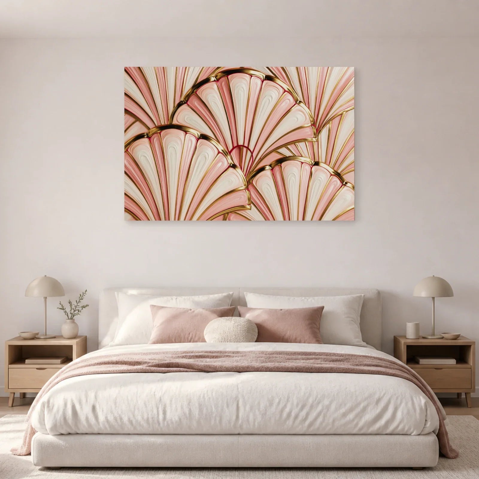 Tableau Art Déco Rose présenté dans une chambre - Art Virtuoso