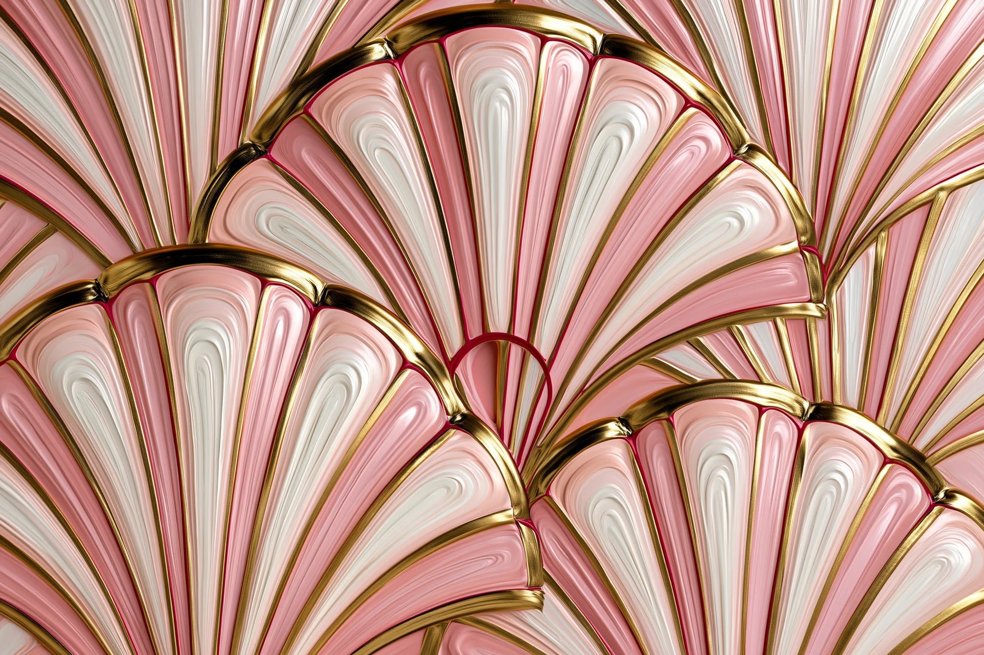 Tableau Art Déco Rose, un éventail architectural rose encadré d’arcs et de lignes symétriques, format S - Art Virtuoso