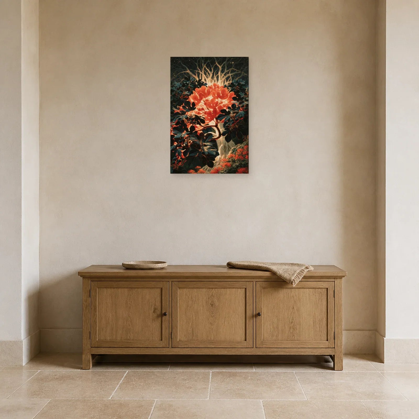 Tableau Ashvattha Arbre Inversé présenté dans une entrée - Art Virtuoso