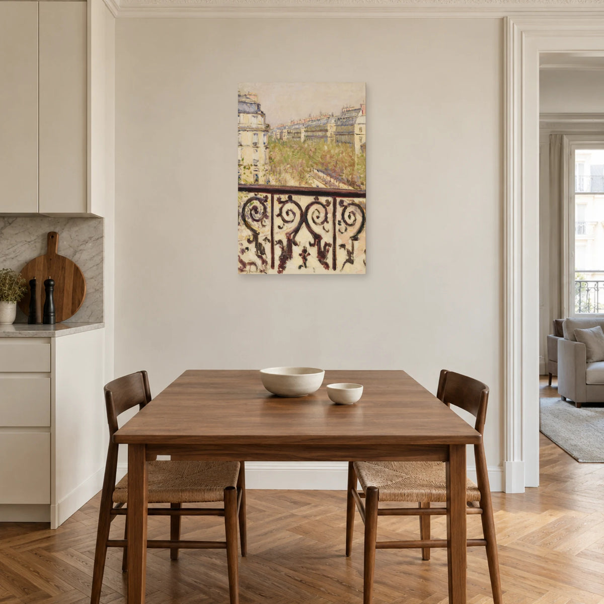Tableau Un balcon, boulevard Haussmann de Caillebotte dans une salle à manger - Art Virtuoso