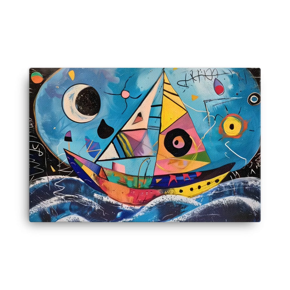 petit bateau peinture abstraite colorée sur toile bateau géométrique multicolore fond bleu océan ambiance salon
