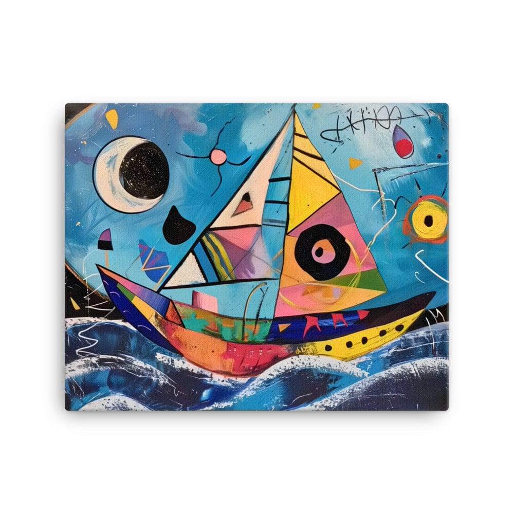 petit bateau tableau abstrait coloré bleu jaune rose noir zoom détail texture toile acrylique vagues graphiques