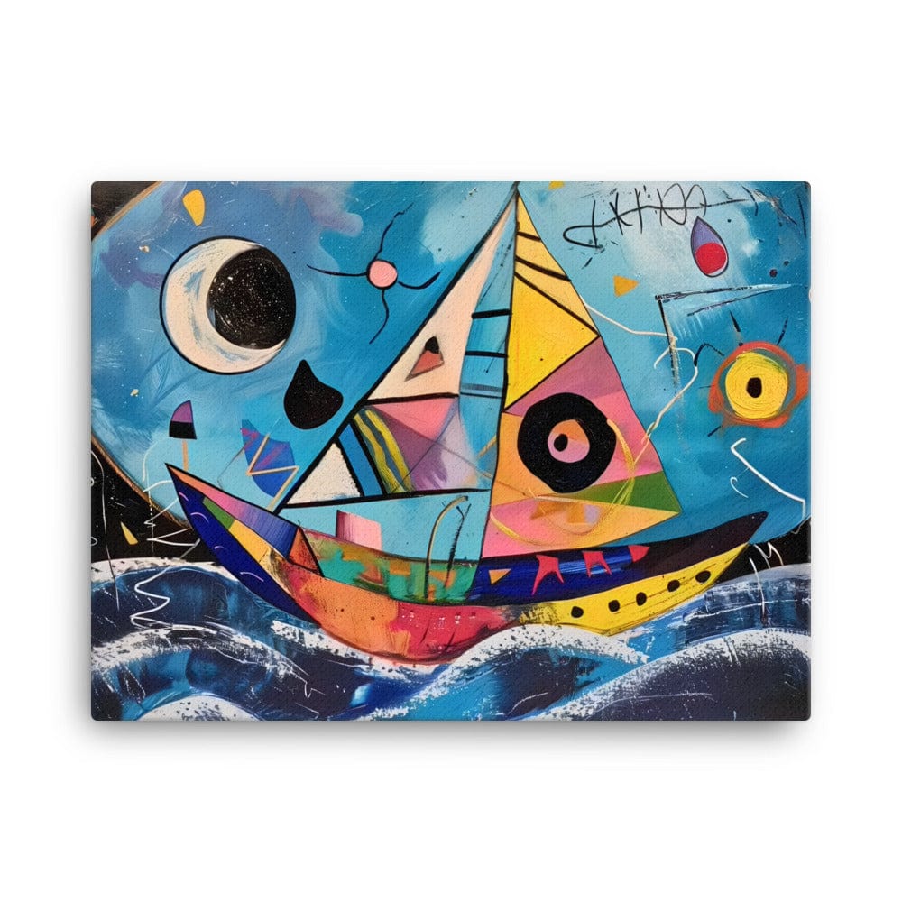 petit bateau tableau abstrait coloré gros plan texture toile acrylique voilier géométrique sur vagues lune