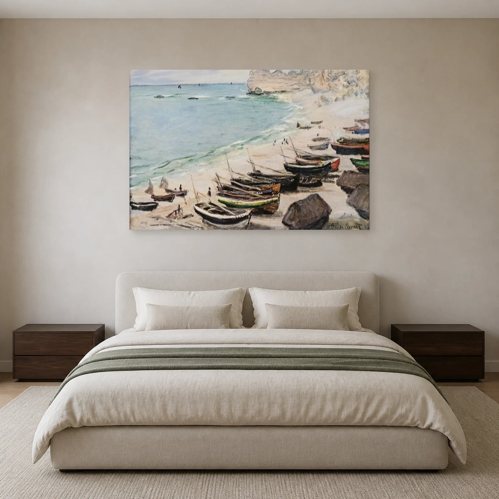 Tableau Bateaux sur la plage à Étretat – Claude Monet dans une chambre - Art Virtuoso