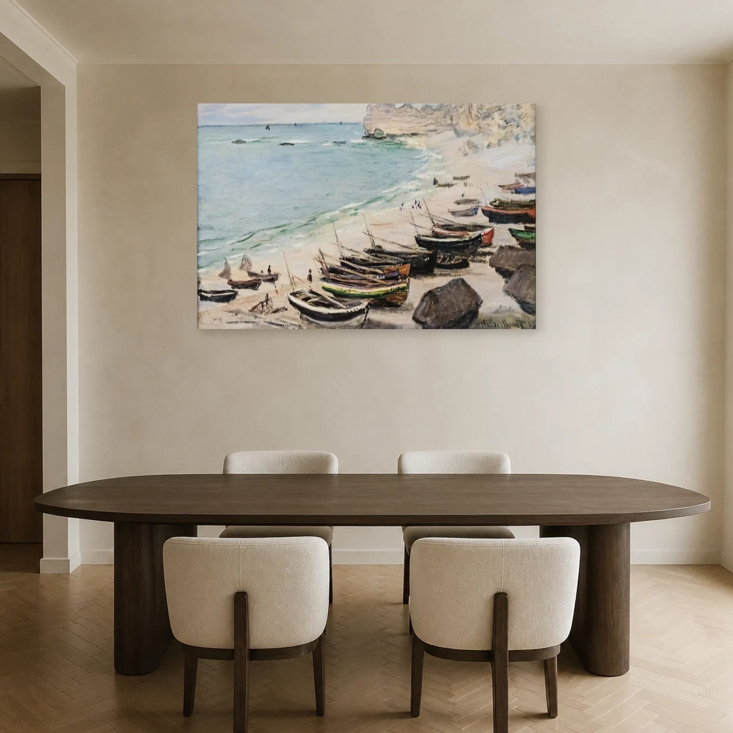 Tableau Bateaux sur la plage à Étretat – Claude Monet dans une salle à manger - Art Virtuoso