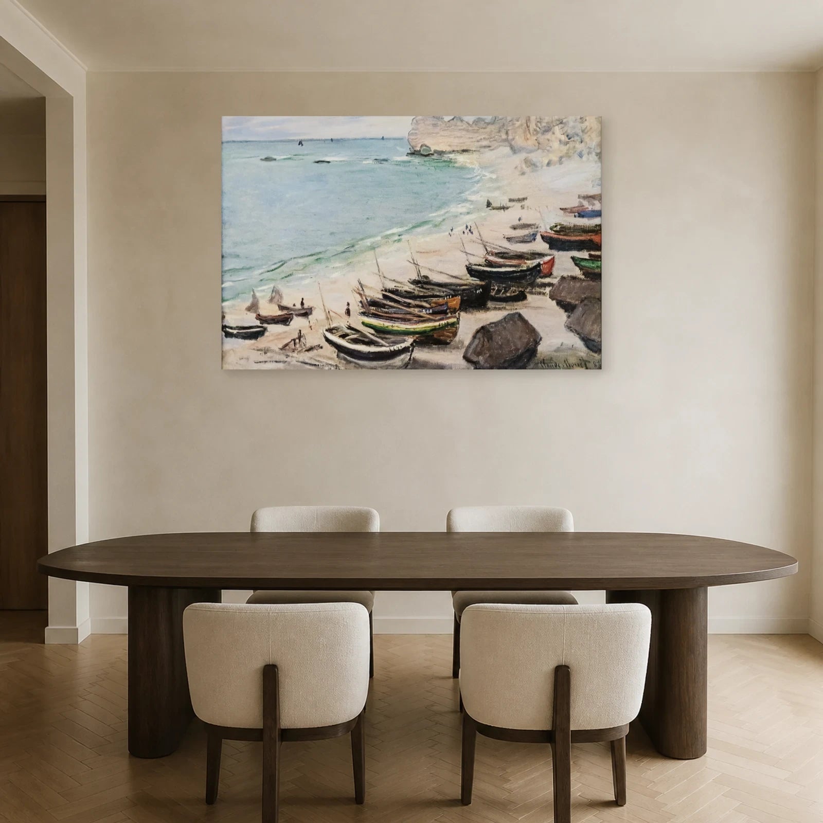 Tableau Bateaux sur la plage à Étretat – Claude Monet dans une salle à manger - Art Virtuoso