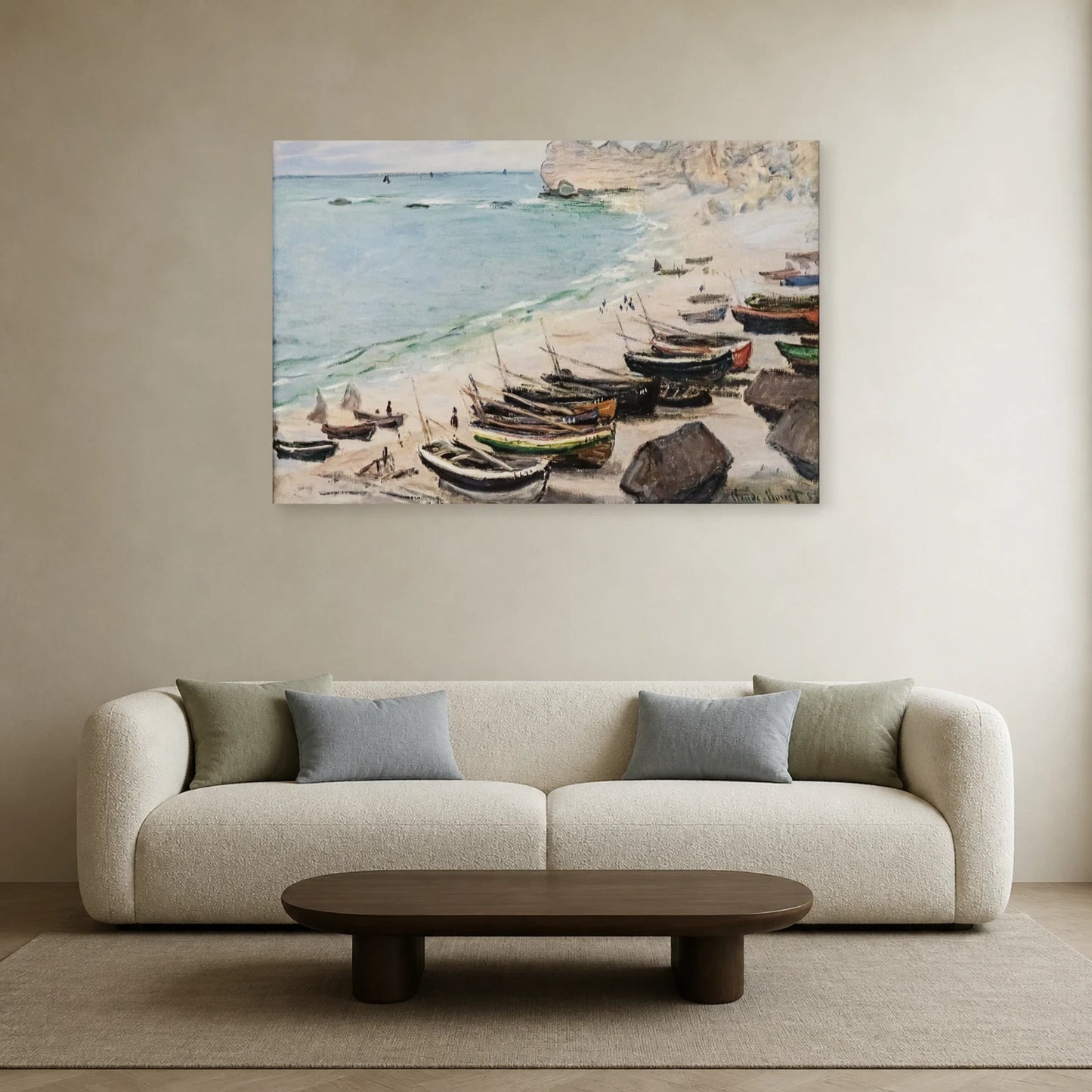 Tableau Bateaux sur la plage à Étretat – Claude Monet dans un salon - Art Virtuoso