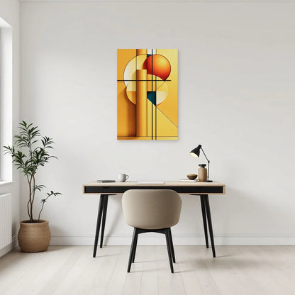 Tableau géométrique jaune à cercles dans un bureau moderne Art Virtuoso