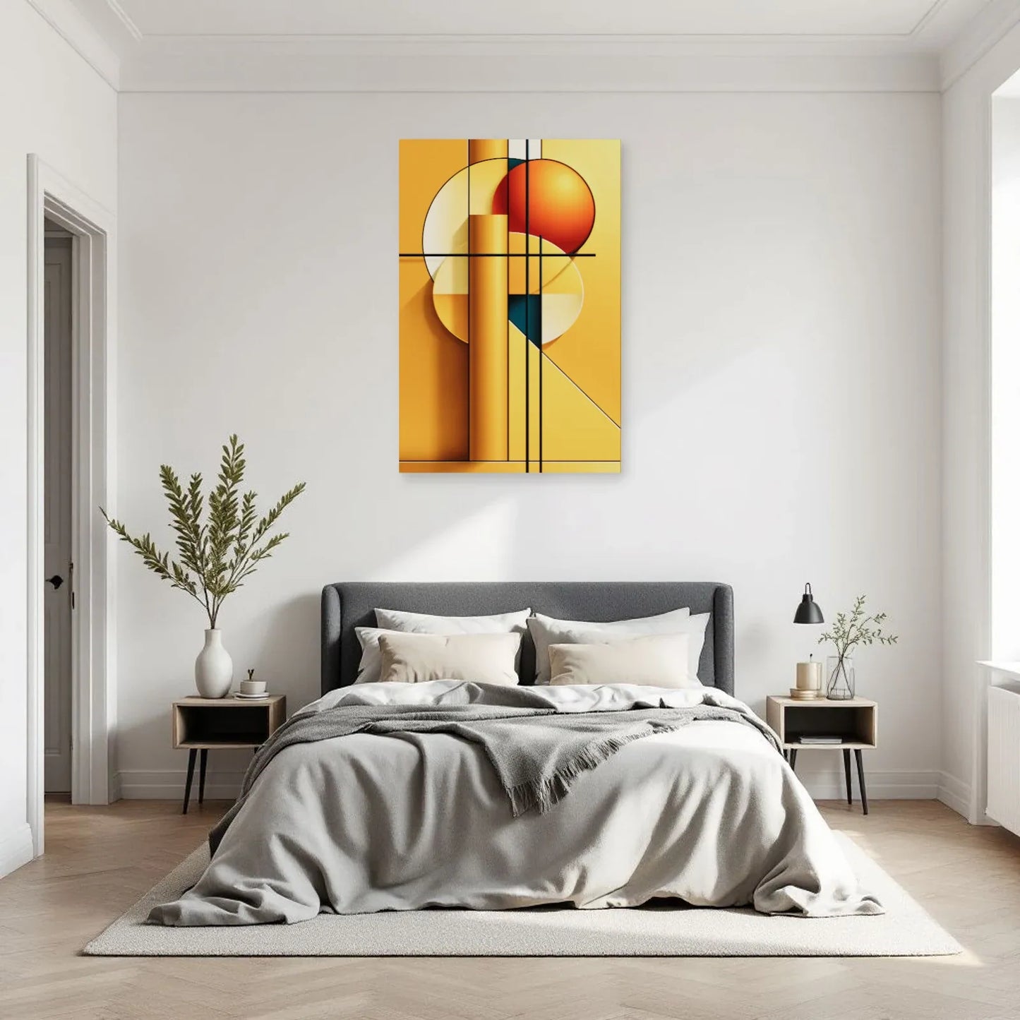 Tableau Bauhaus jaune vertical dans une chambre contemporaine Art Virtuoso