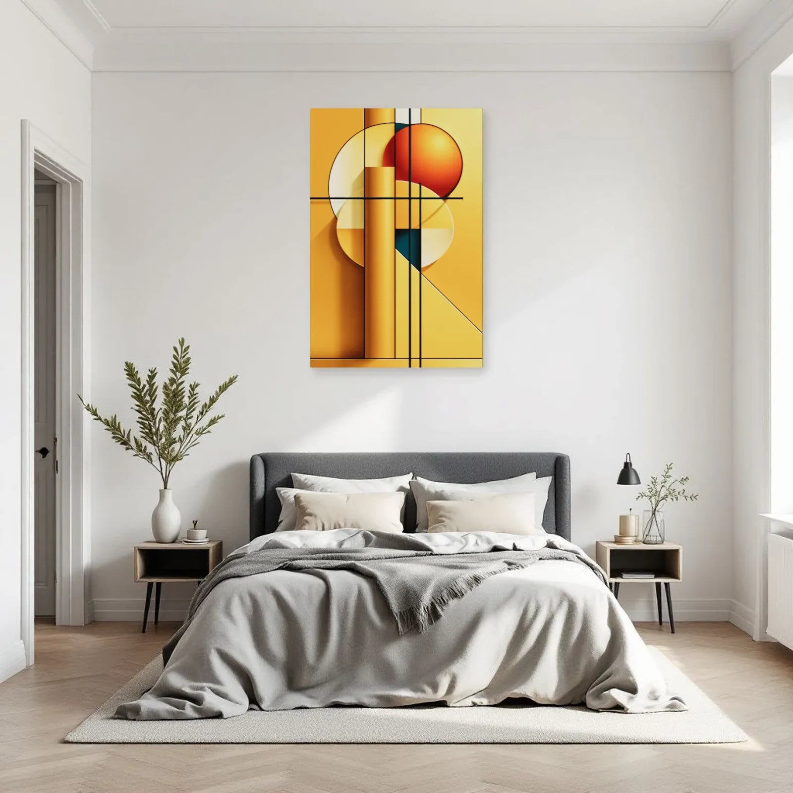 Tableau Bauhaus jaune vertical dans une chambre contemporaine Art Virtuoso