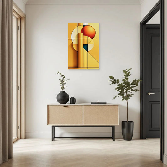 Tableau Bauhaus jaune au-dessus d'une console dans une entrée Art Virtuoso