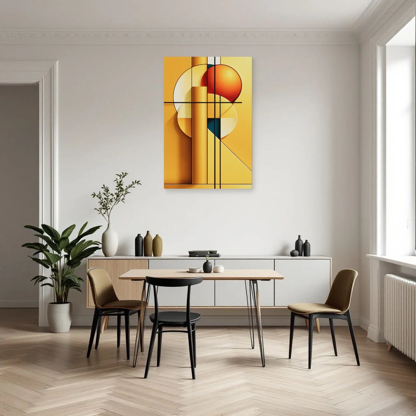 Tableau géométrique jaune et orange dans une cuisine épurée Art Virtuoso