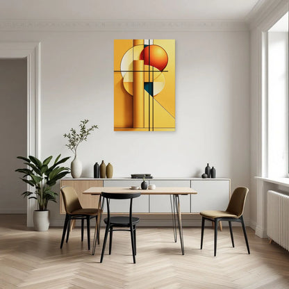 Tableau géométrique jaune et orange dans une cuisine épurée Art Virtuoso