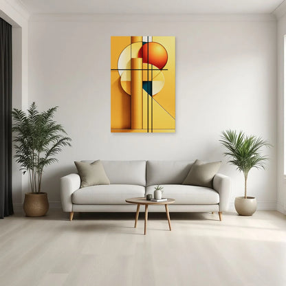 Tableau Bauhaus jaune vertical dans un salon design au mobilier noir Art Virtuoso