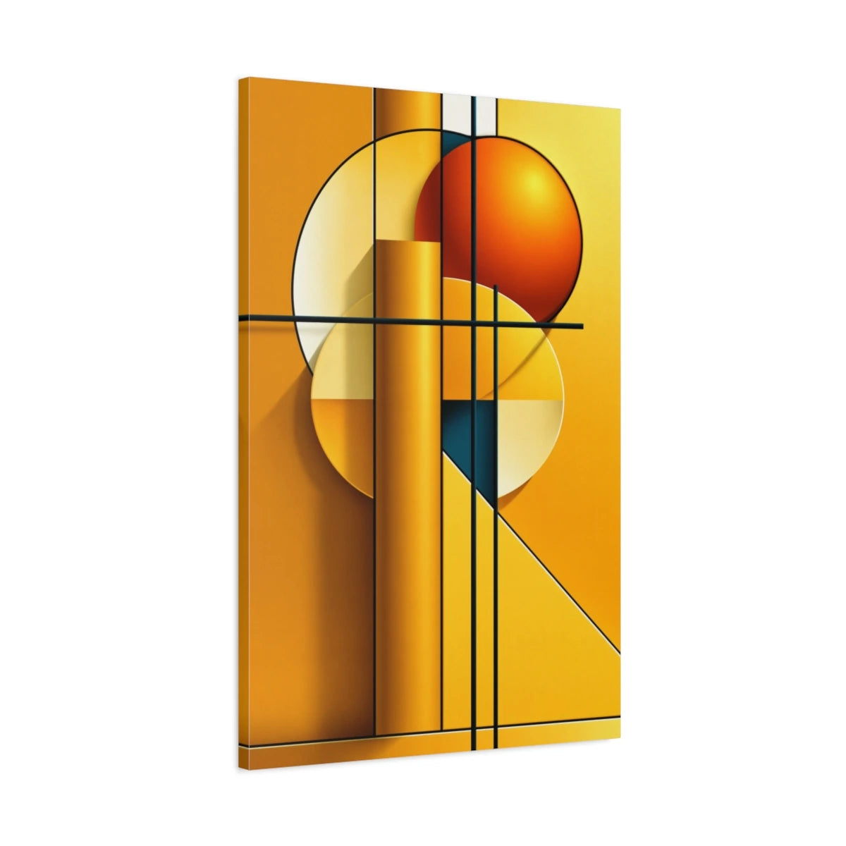 Tableau Bauhaus Jaune Géométrique - Lignes et Cercles - toile 3D avec bords imprimés - Art Virtuoso