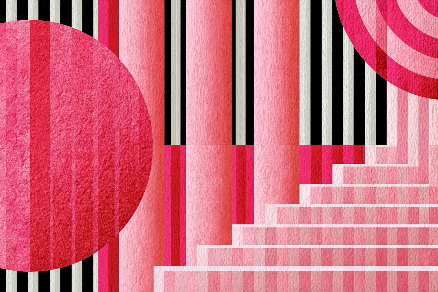Tableau Bauhaus Rose, une construction moderniste de cercles, de barres et de demi-lunes roses, format L - Art Virtuoso