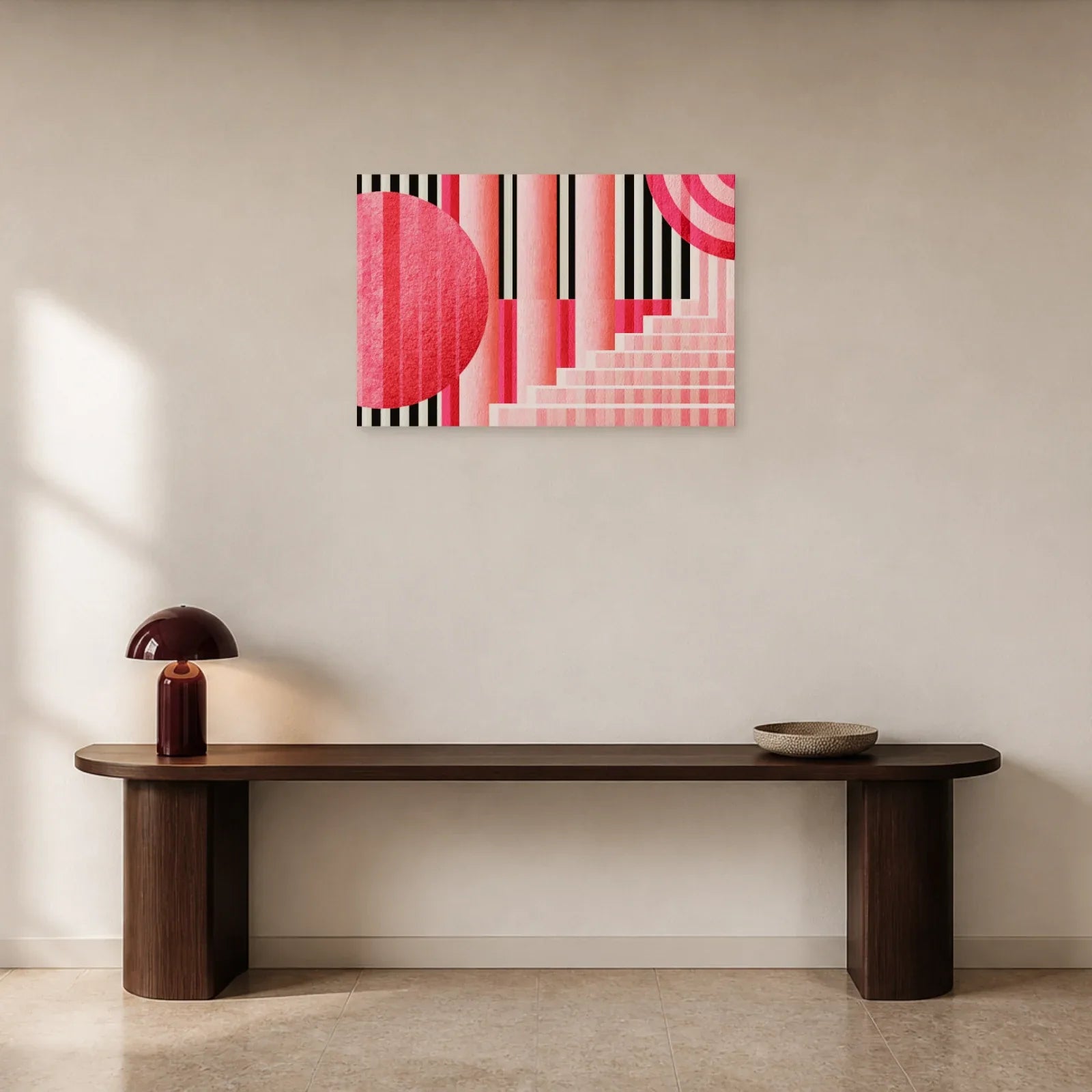 Tableau Bauhaus Rose présenté dans une entrée - Art Virtuoso