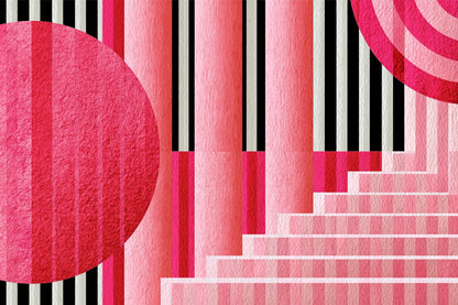 Tableau Bauhaus Rose, une construction moderniste de cercles, de barres et de demi-lunes roses, format S - Art Virtuoso