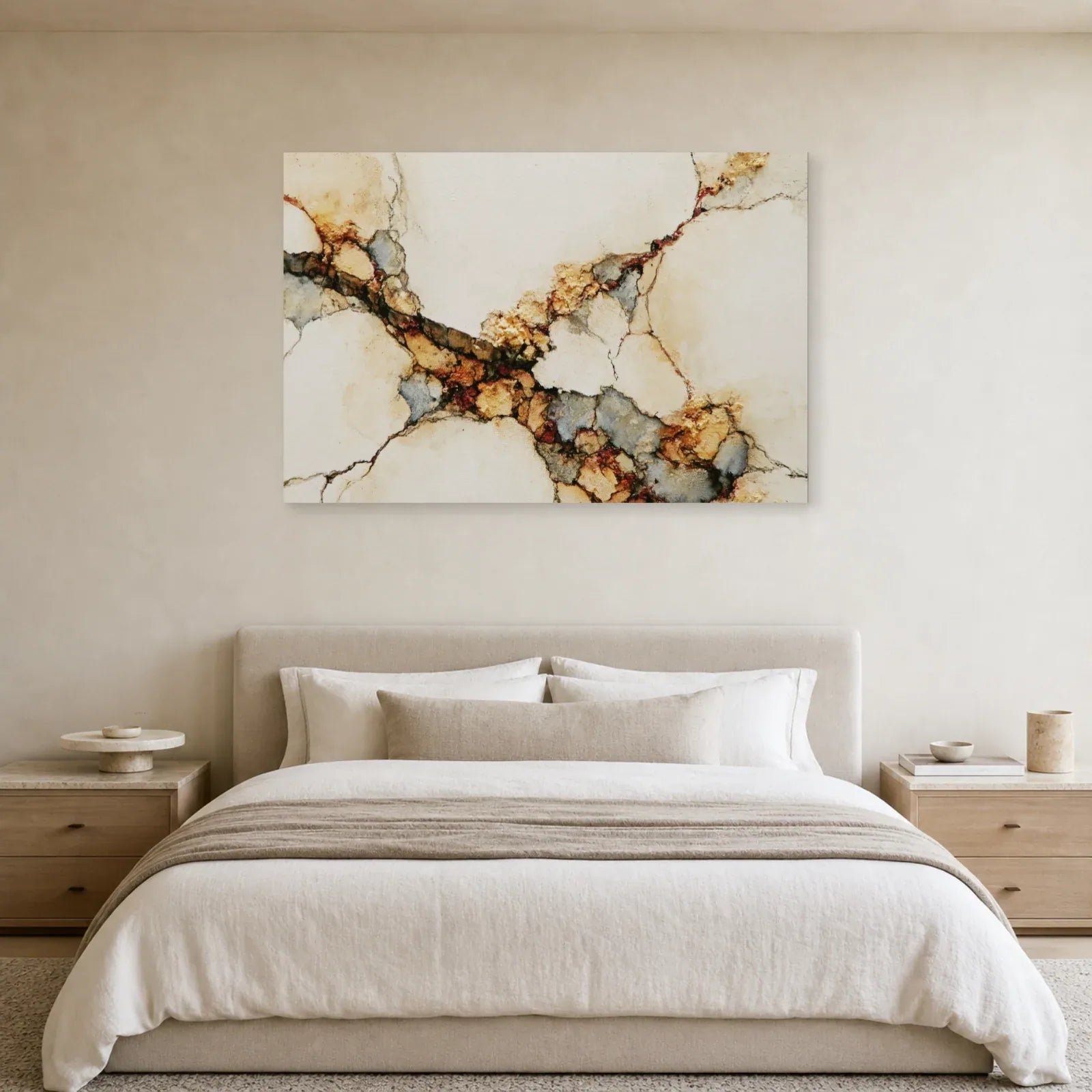 Tableau Faille sur fond blanc cassé présenté dans une chambre