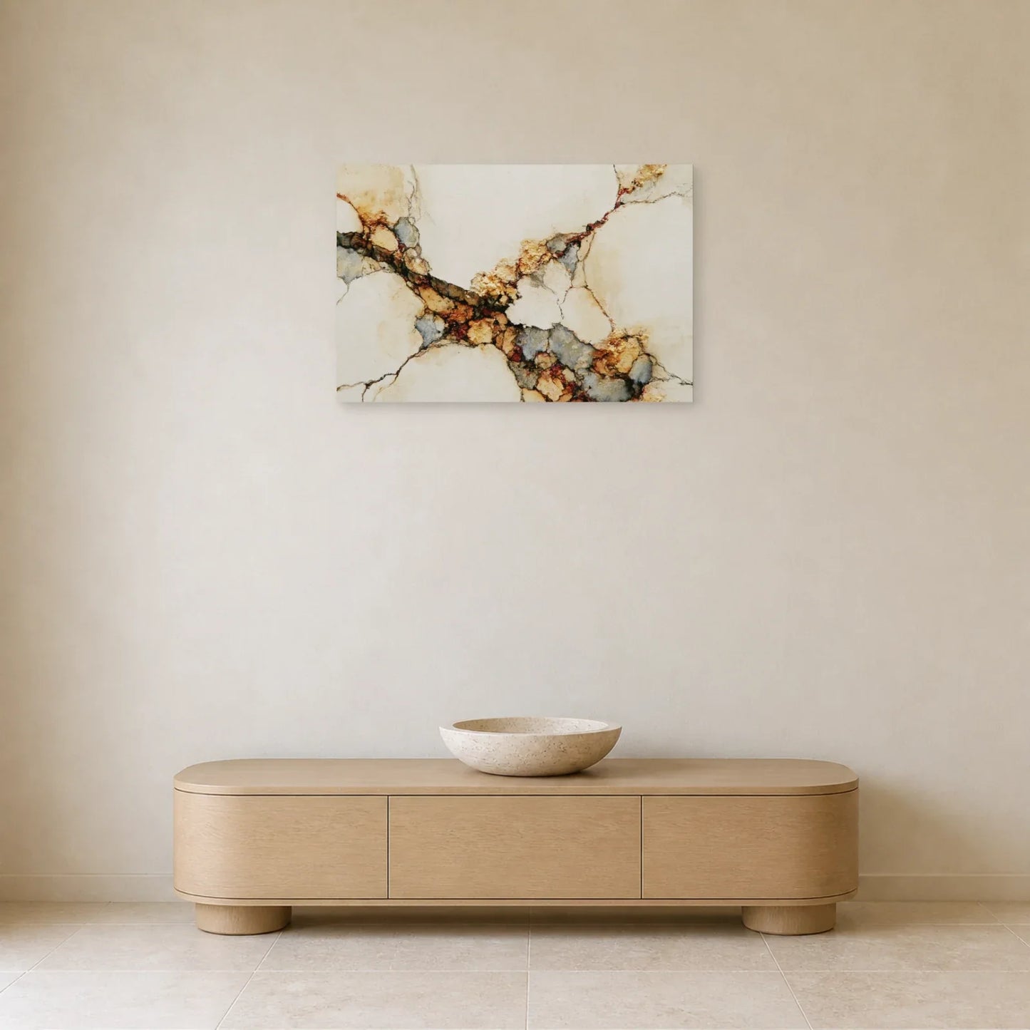 Abstraction minérale beige mise en scène dans une entrée