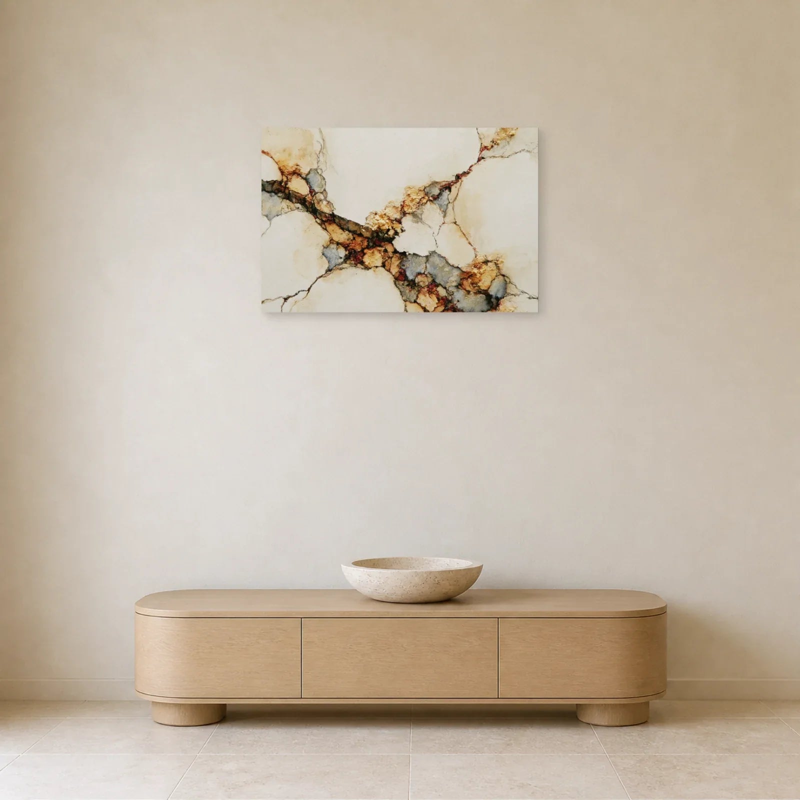 Abstraction minérale beige mise en scène dans une entrée