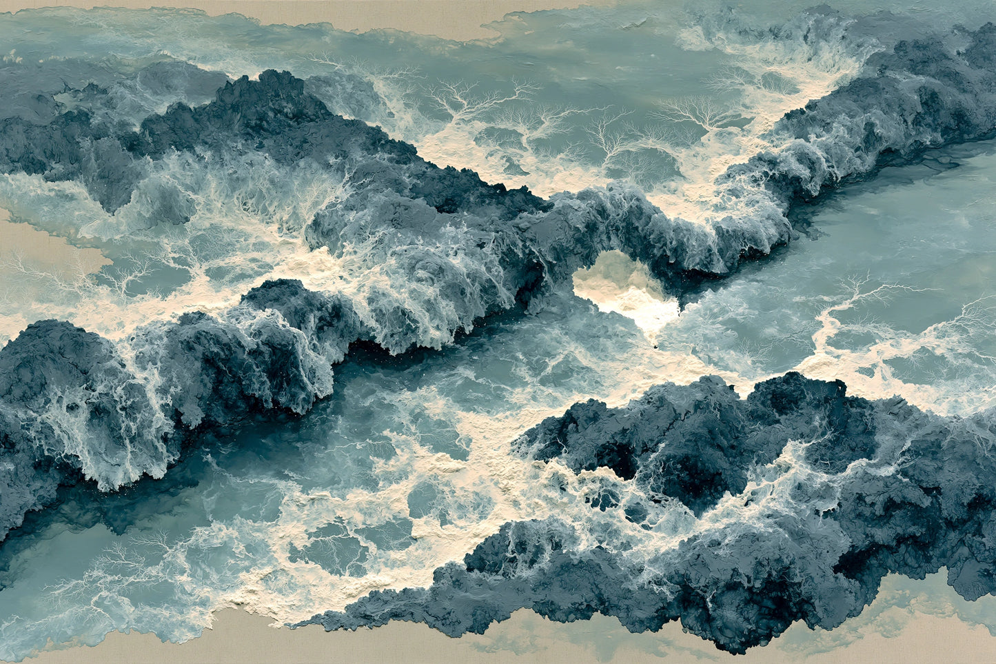 Tableau Mer : Vagues Beige et Gris - Écume Bleu Minéral - format L - Art Virtuoso