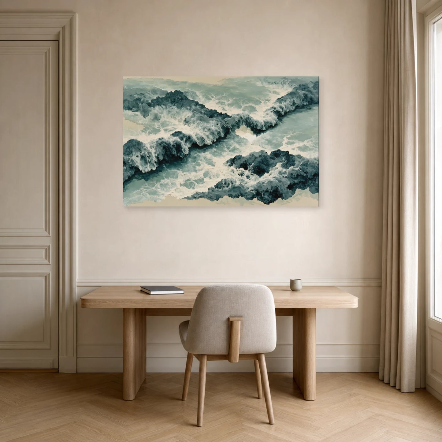 Tableau Mer : Vagues Beige et Gris - Écume Bleu Minéral dans un bureau - Art Virtuoso