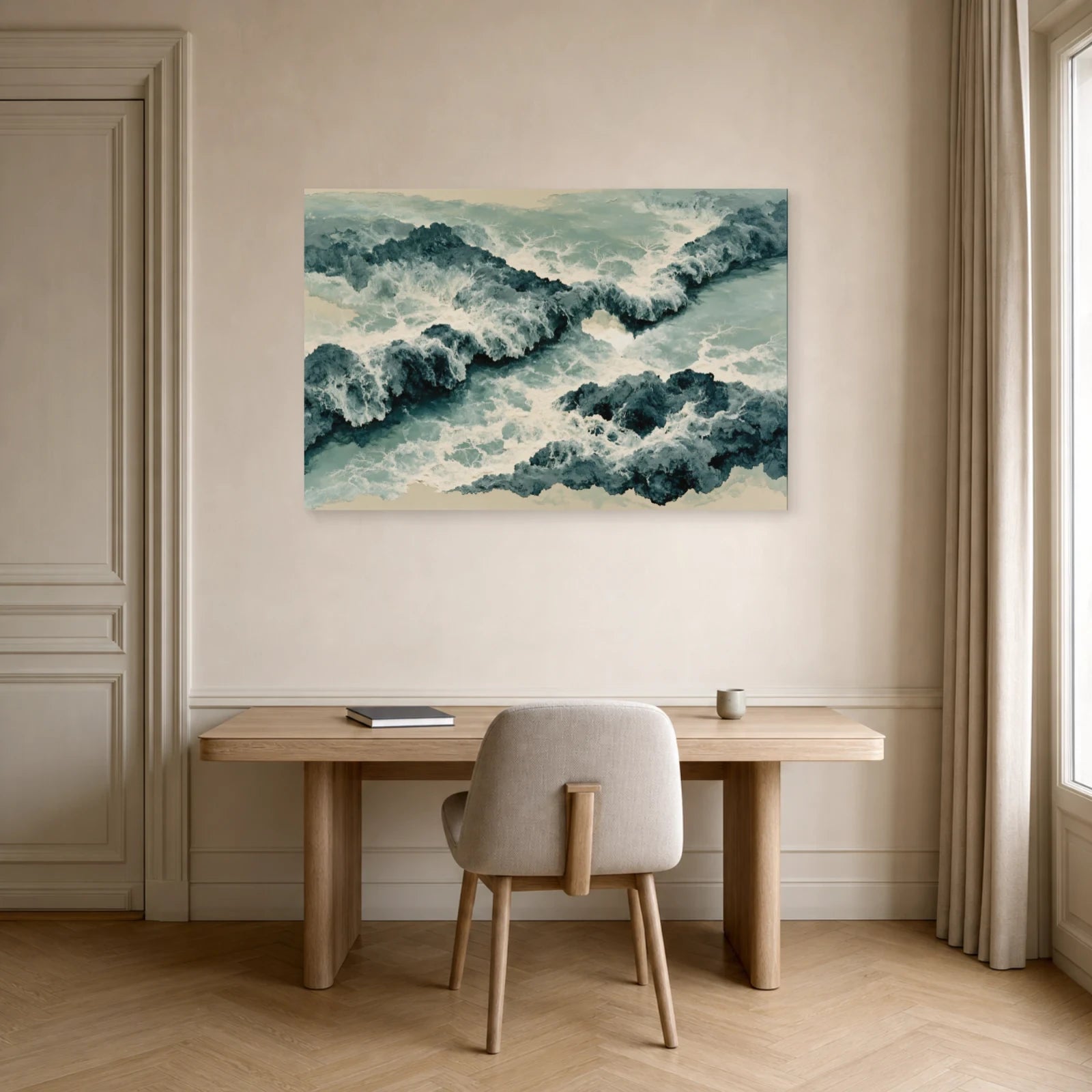 Tableau Mer : Vagues Beige et Gris - Écume Bleu Minéral dans un bureau - Art Virtuoso
