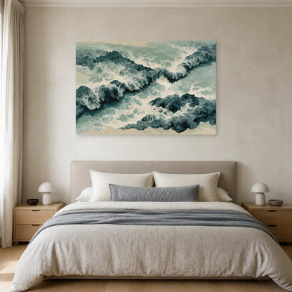 Tableau Mer : Vagues Beige et Gris - Écume Bleu Minéral dans une chambre - Art Virtuoso