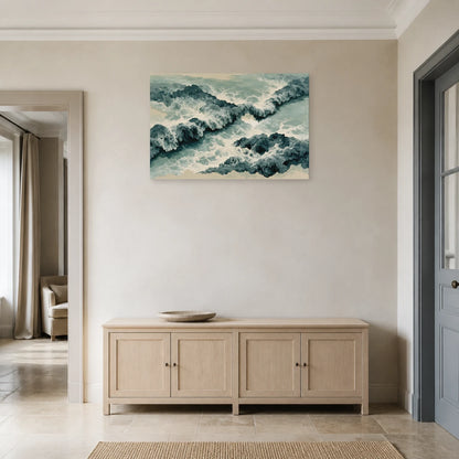Tableau Mer : Vagues Beige et Gris - Écume Bleu Minéral dans une entrée ou un couloir - Art Virtuoso