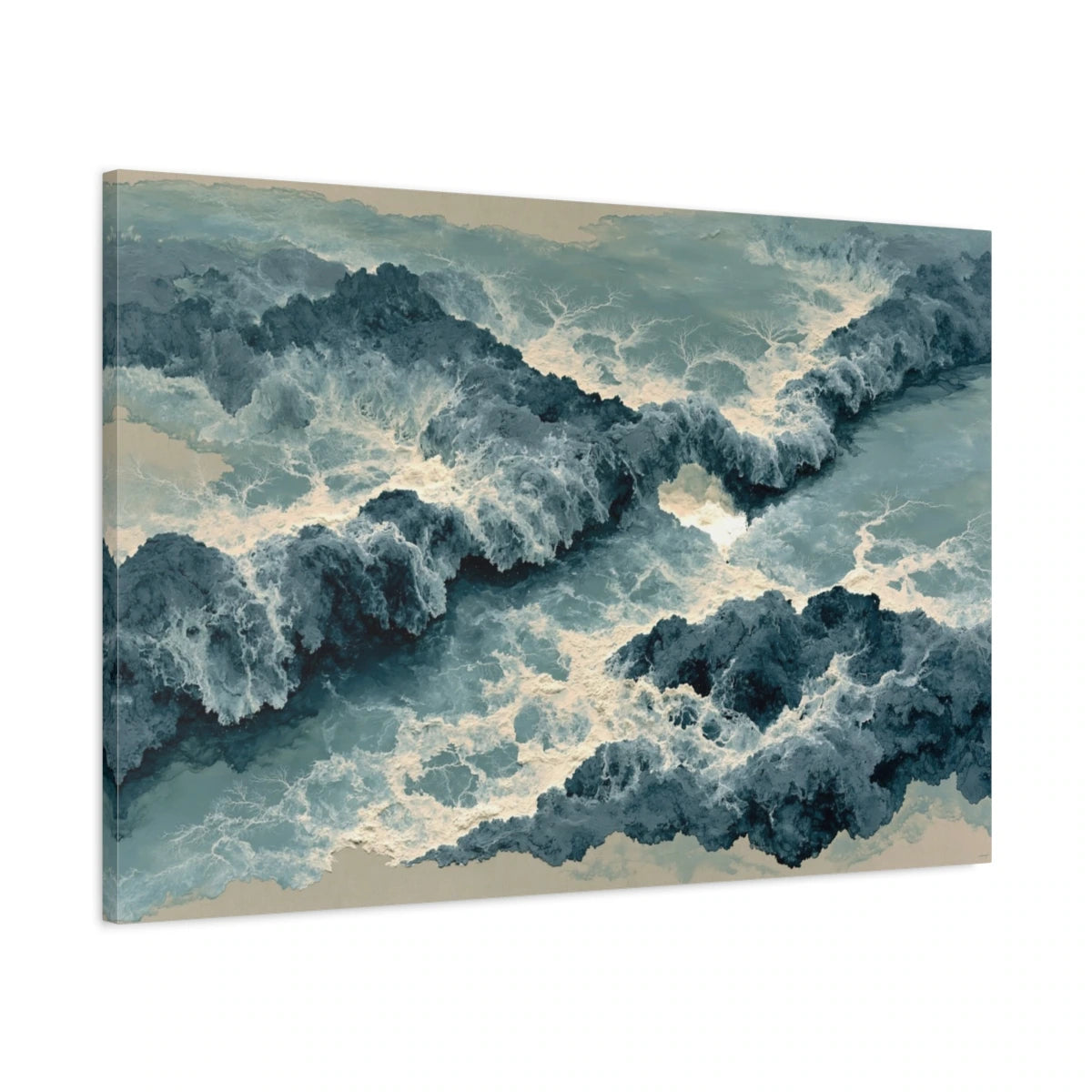 Tableau Mer : Vagues Beige et Gris - Écume Bleu Minéral - toile 3D avec bords imprimés - Art Virtuoso
