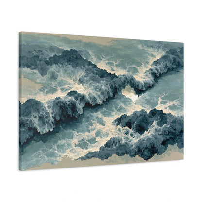 Tableau Mer : Vagues Beige et Gris - Écume Bleu Minéral - toile 3D avec bords imprimés - Art Virtuoso