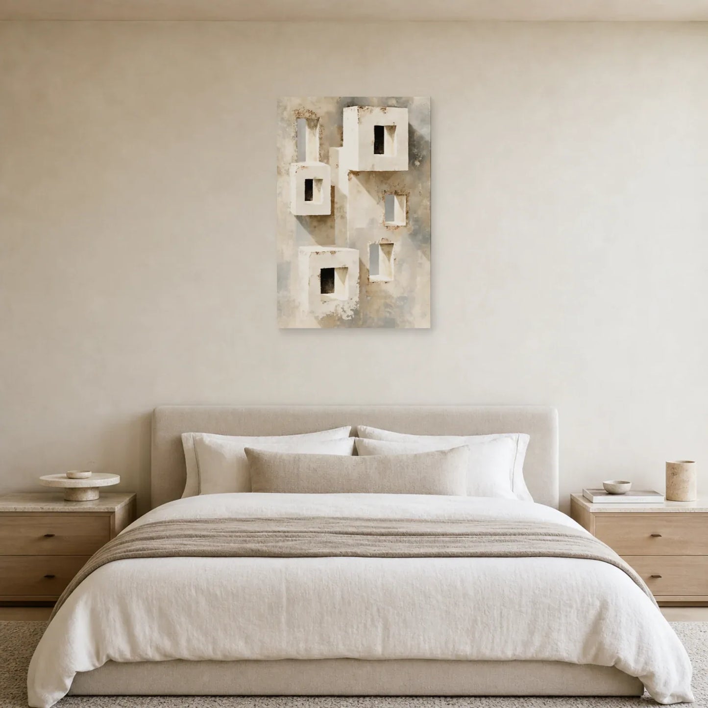 tableau architecture beige aux portes lumineuses mis en scène dans une chambre